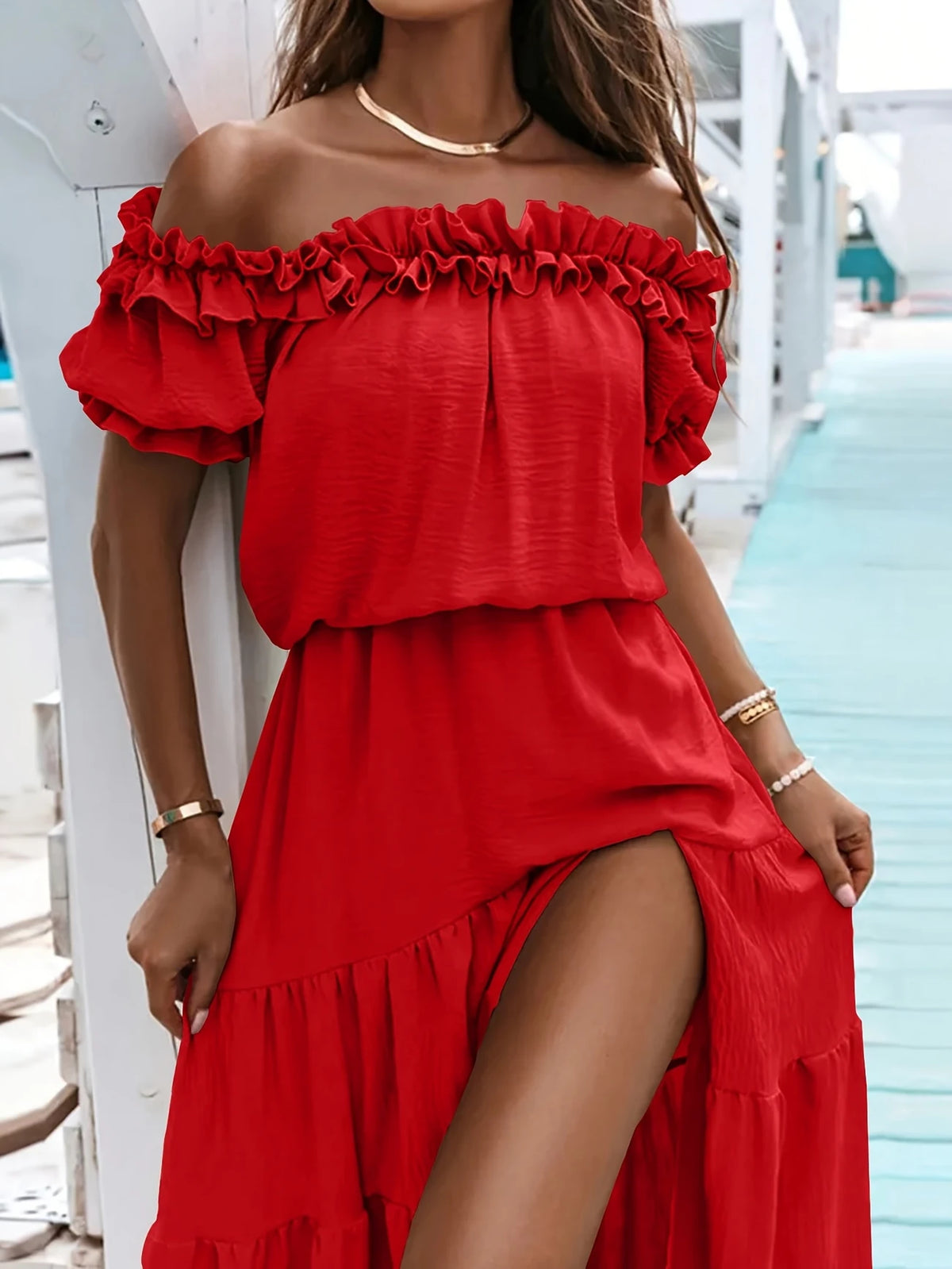 Rote Lotusblatt Spitzenkleid für Damen Zwanglos Elegantes