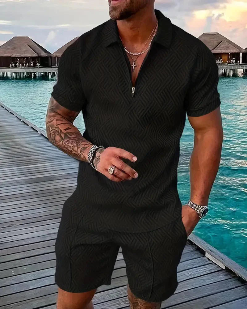 Lässiges Sommer-Trainingsanzug-Outfit mit Reißverschlusskragen