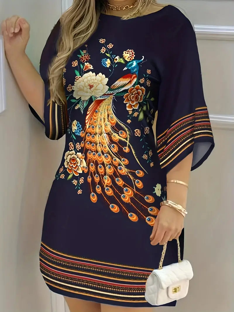 Boho Pfau floral Kleid Casual Halblange Ärmel für Frühling & Sommer