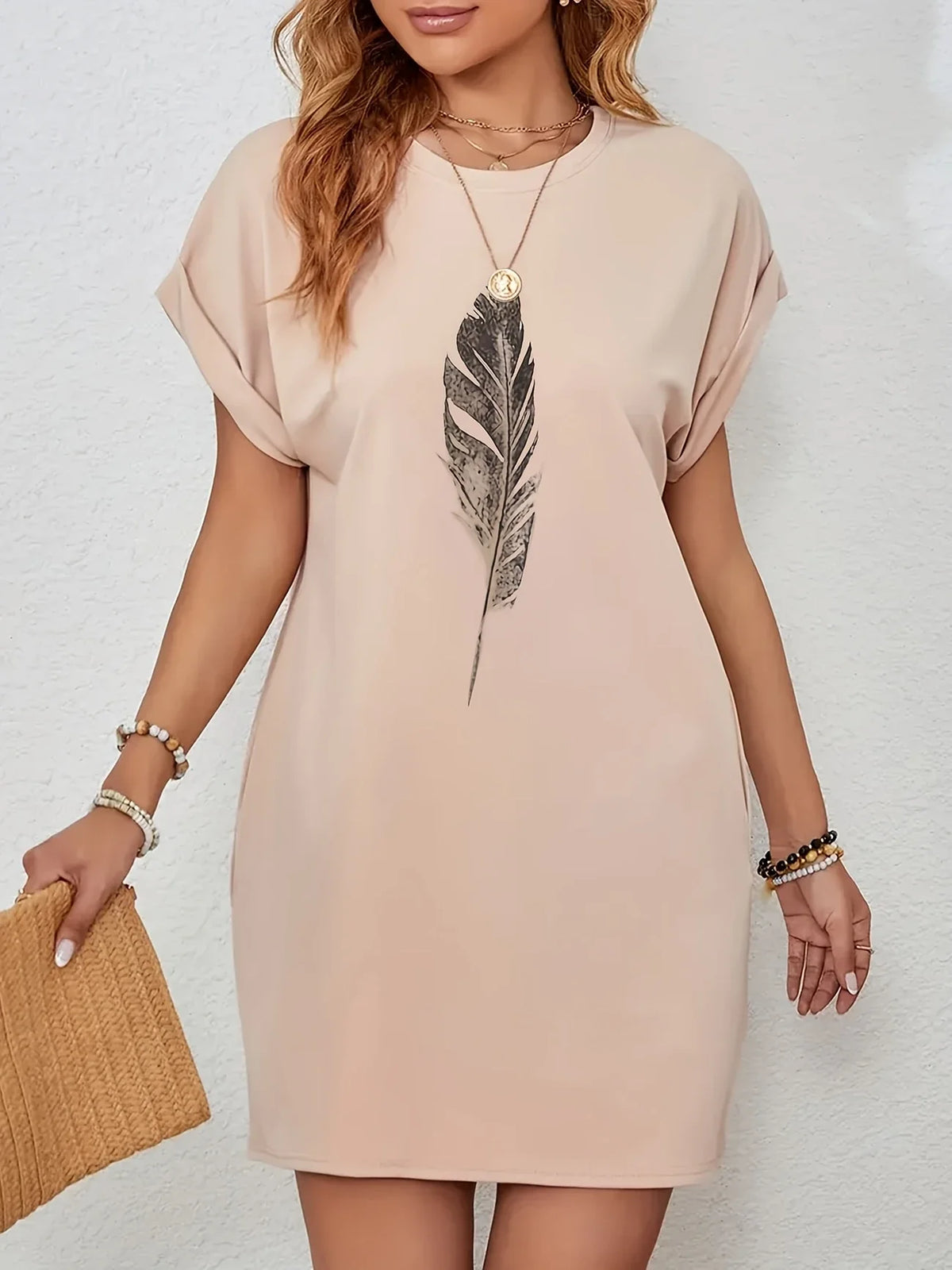 Free Kleid mit Batwing-Ärmeln, Apricot-Taschen und Rundhalsausschnitt