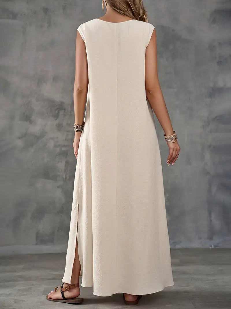 Ärmelloses Kleid mit V-Ausschnitt und Schlitz Apricot Luftiges & modisches Sommerkleid