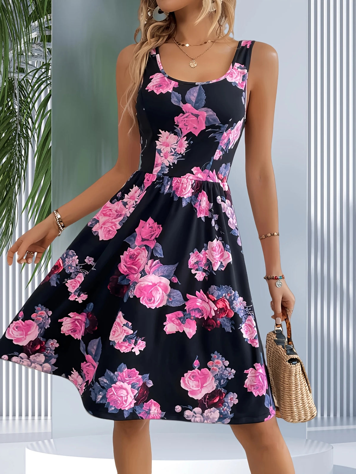 Elegantes Kleid mit Blumendruck in A-Linie ärmellos quadratischer Ausschnitt