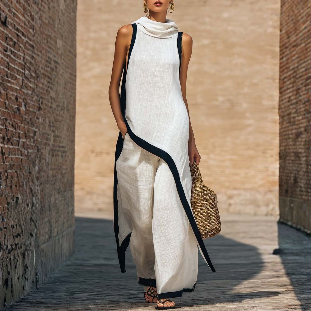 Damen Elegantes Ärmelloses Top- und Weite-Hosen-Set