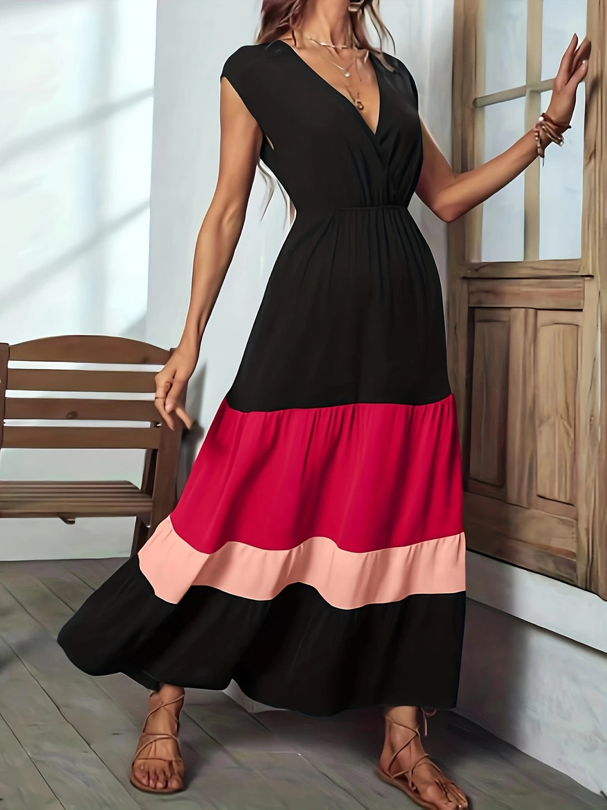 Elegantes Color-Block Surplice Neck Maxi Kleid Ärmellos Sommerkleid