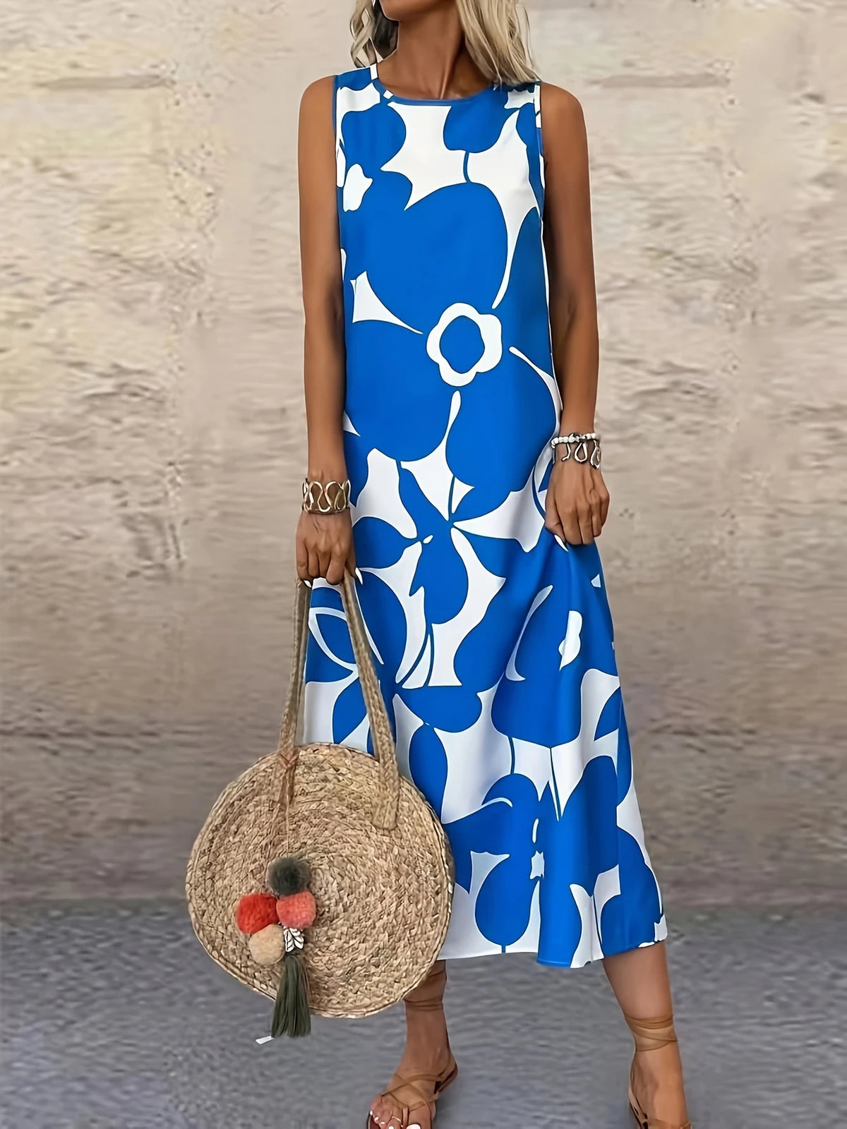 Ärmelloses Kleid mit Blumenmuster und Katzenohren Himmelblau