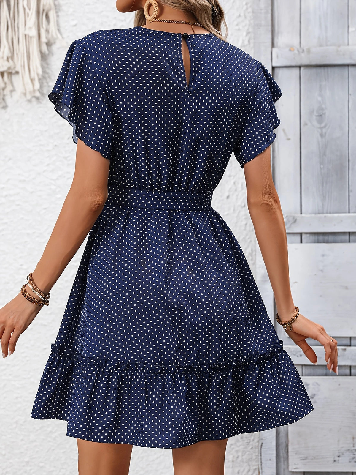 Midikleid Blau mit Punkten Kurzarm Gürtel & Sommerlook