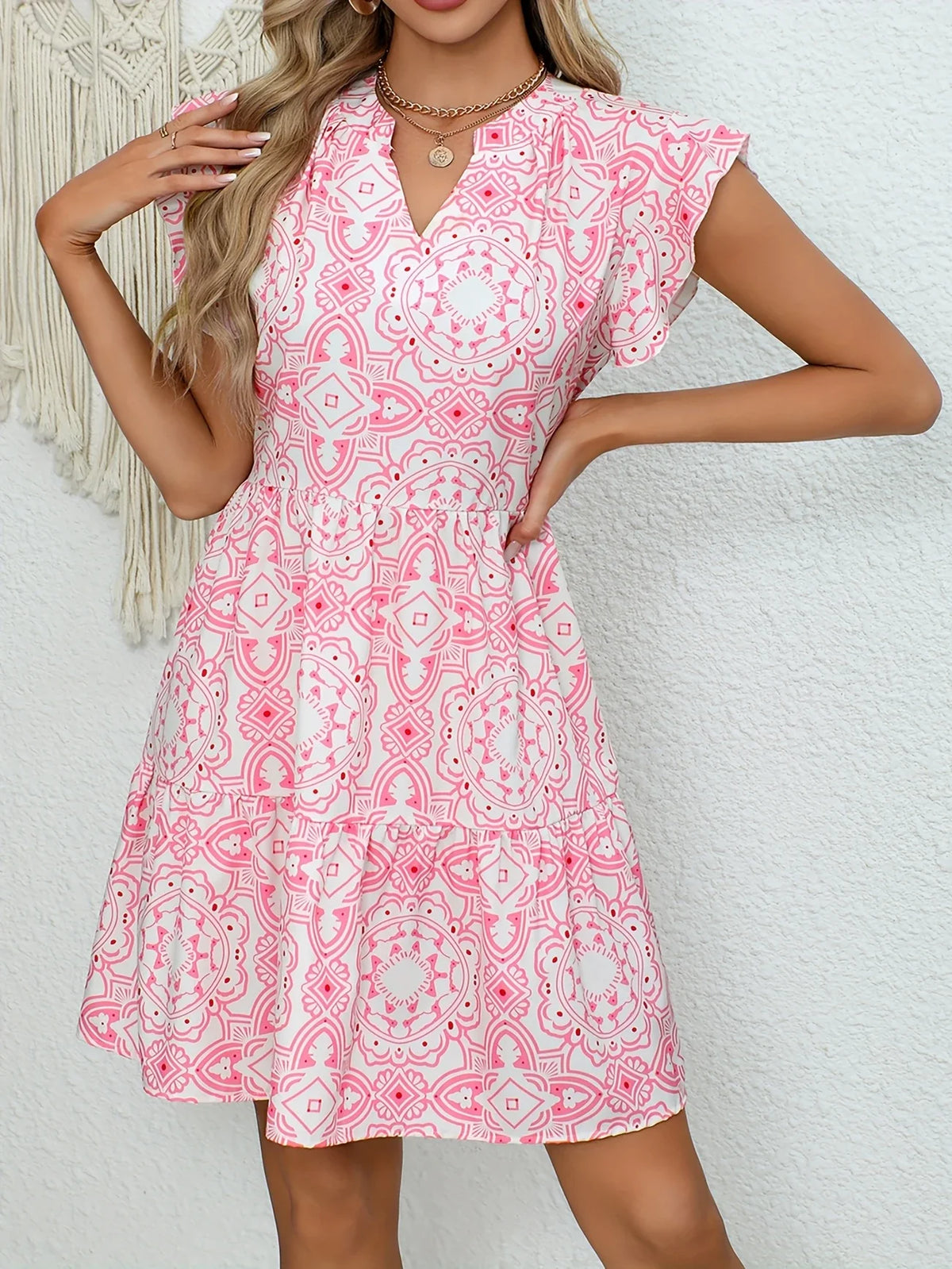 Elegantes Geometrisches Print V-Ausschnitt Kleid Casual A-Linie mit Reissverschluss