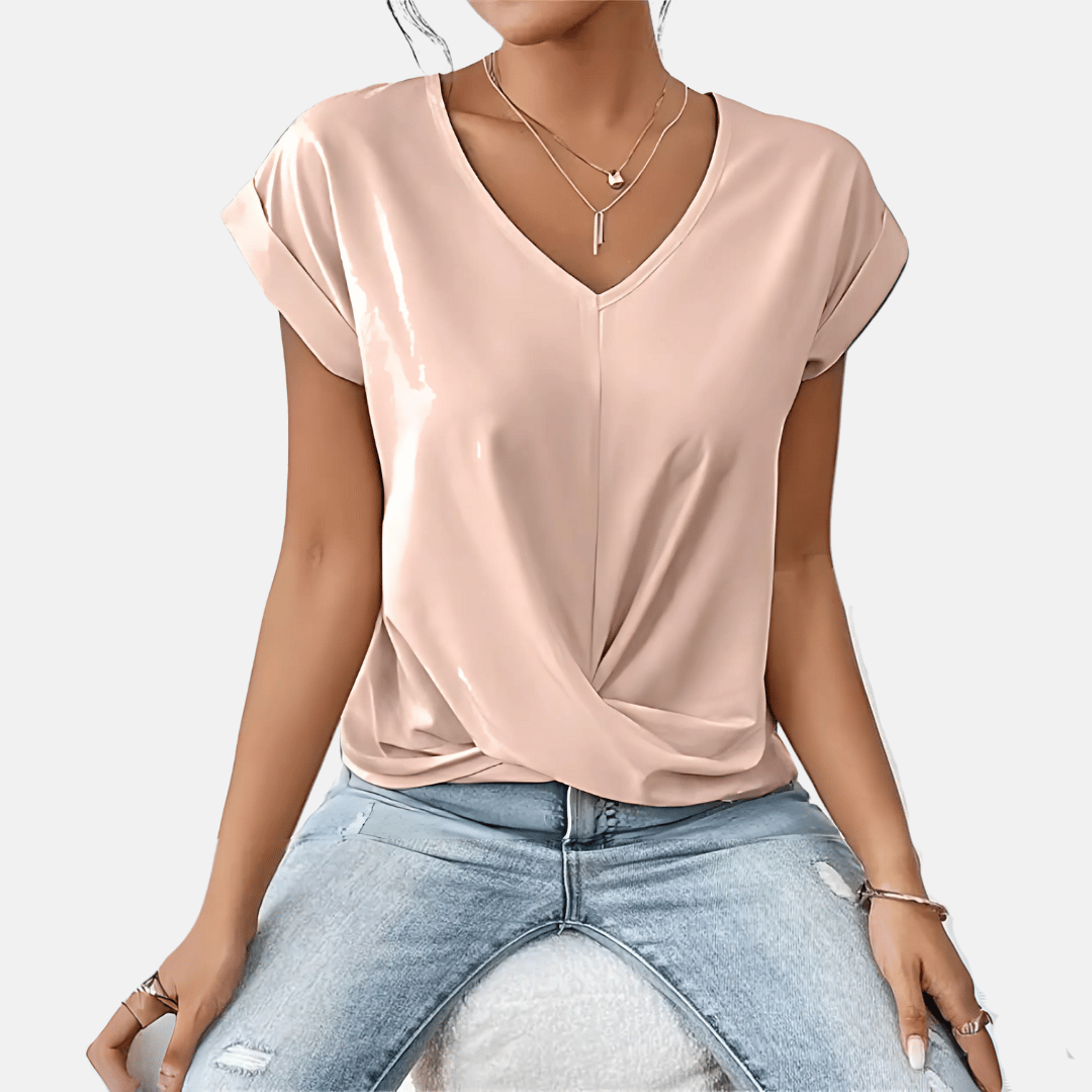 Damenbluse mit V-Ausschnitt und drapiertem Saum