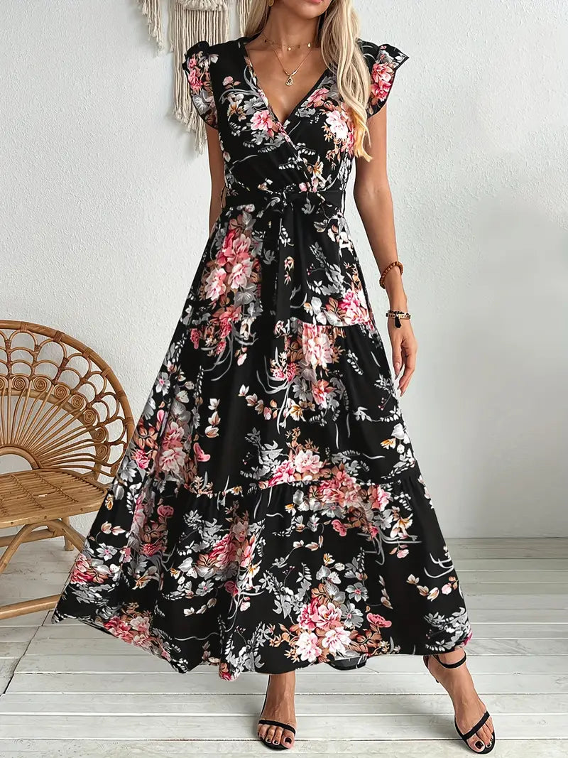 Schwarzes Swingkleid mit Blumenmuster Elegantes Sommerkleid mit Rüschenärmeln und Gürtel