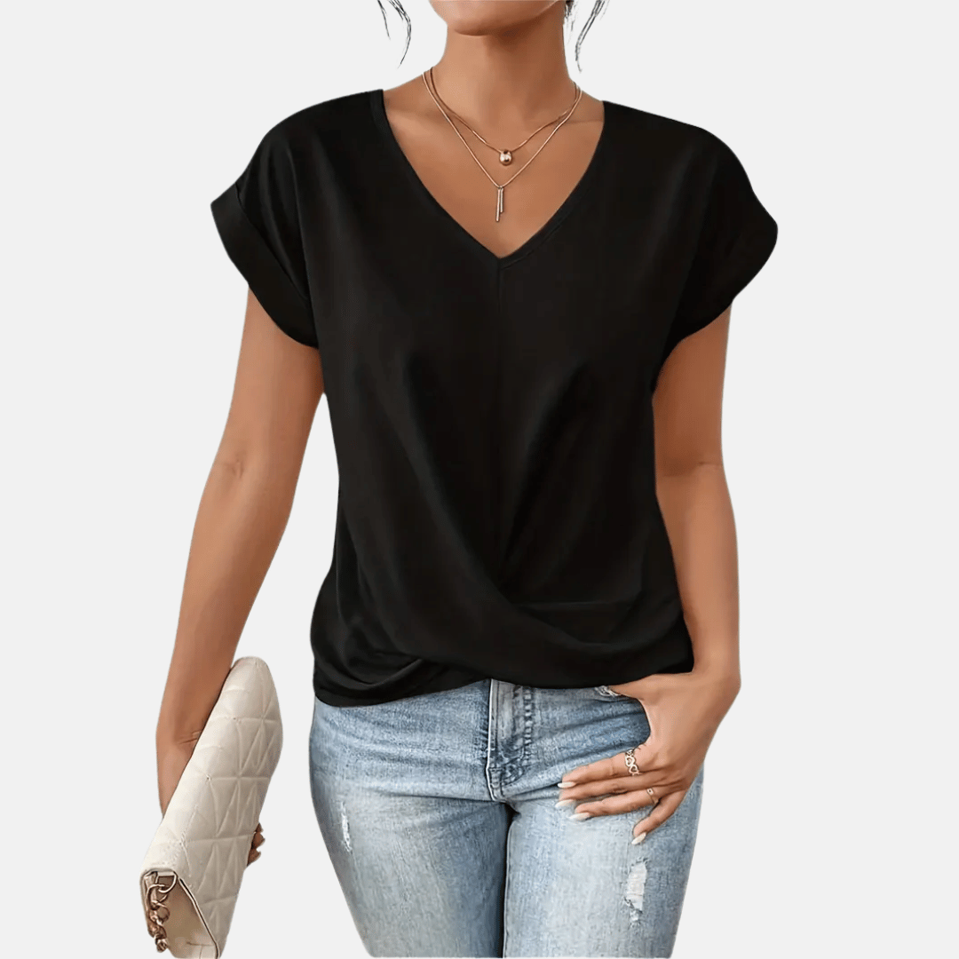 Damenbluse mit V-Ausschnitt und drapiertem Saum