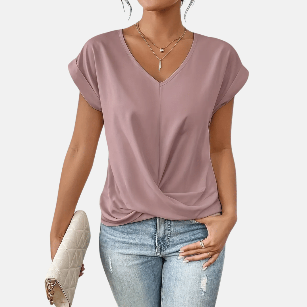 Damenbluse mit V-Ausschnitt und drapiertem Saum