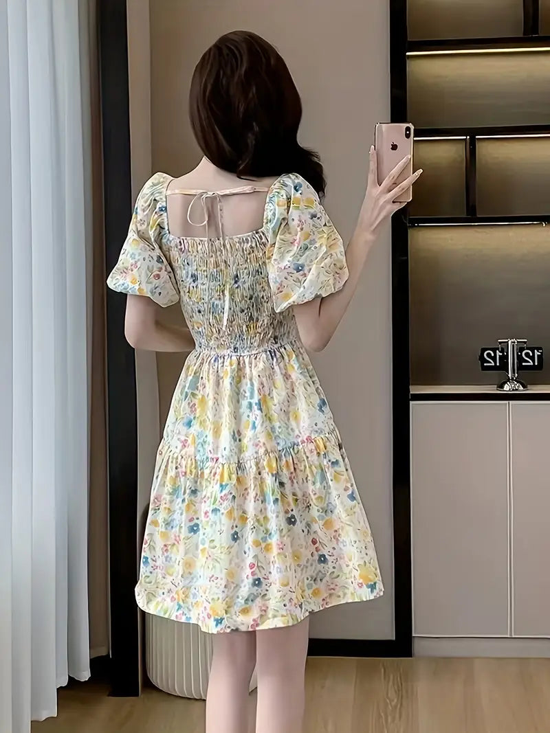 Gelbes Blumenkleid - Quadratischer Ausschnitt & Puffärmel Sommerkleid