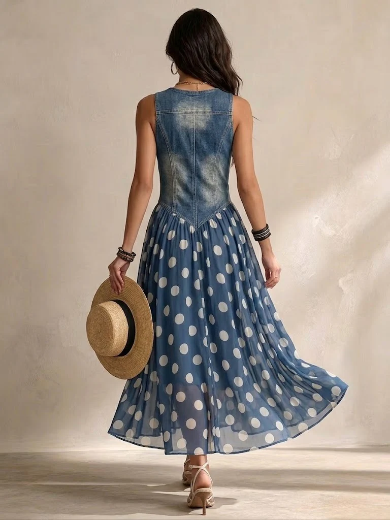 Damen Langes Jeanskleid mit Punkten