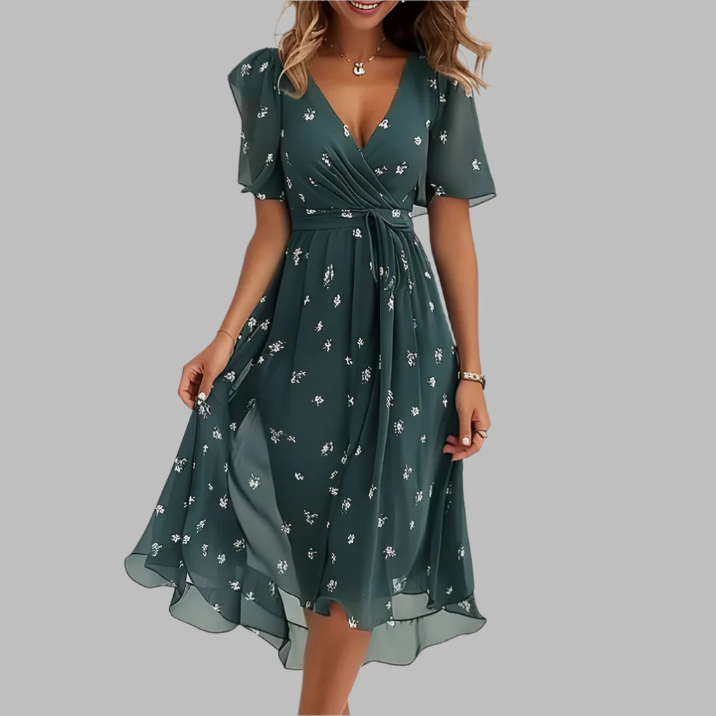 Damen stilvolles Midikleid mit gerafftem Blumenmuster
