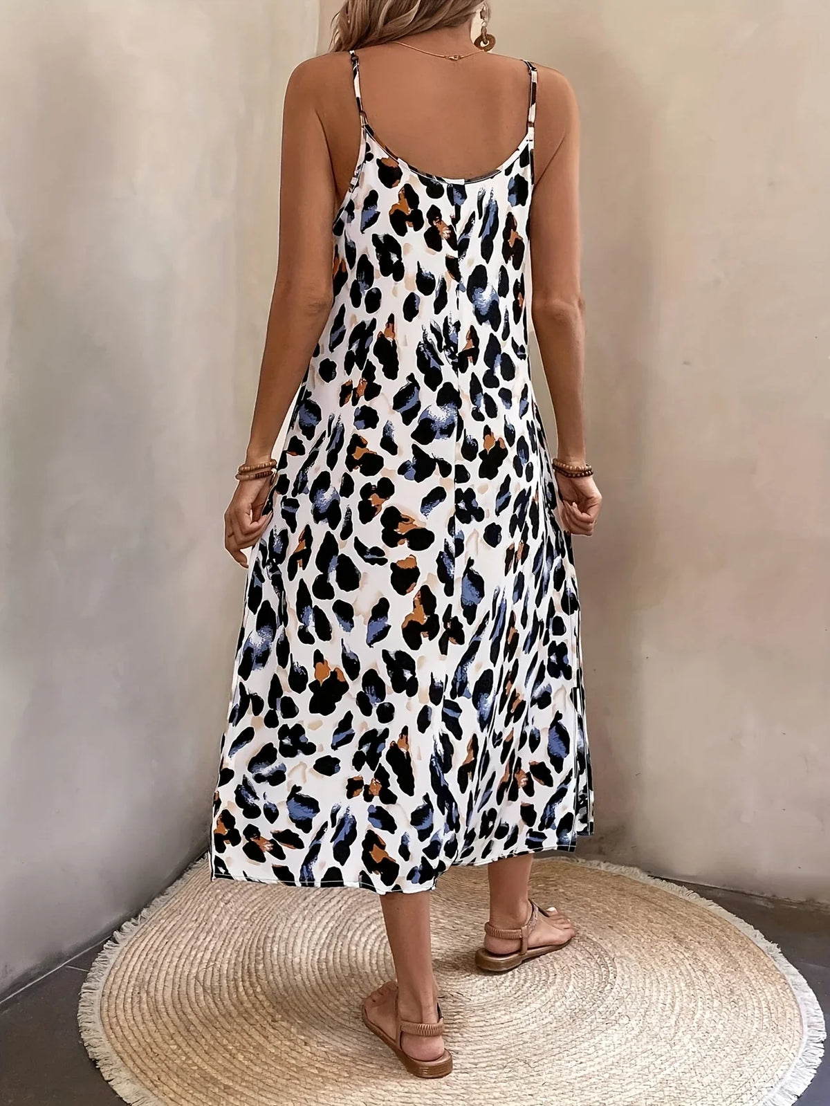Leopardenmuster Sommerkleid Elegantes Spaghetti-Träger Kleid mit Schlitz