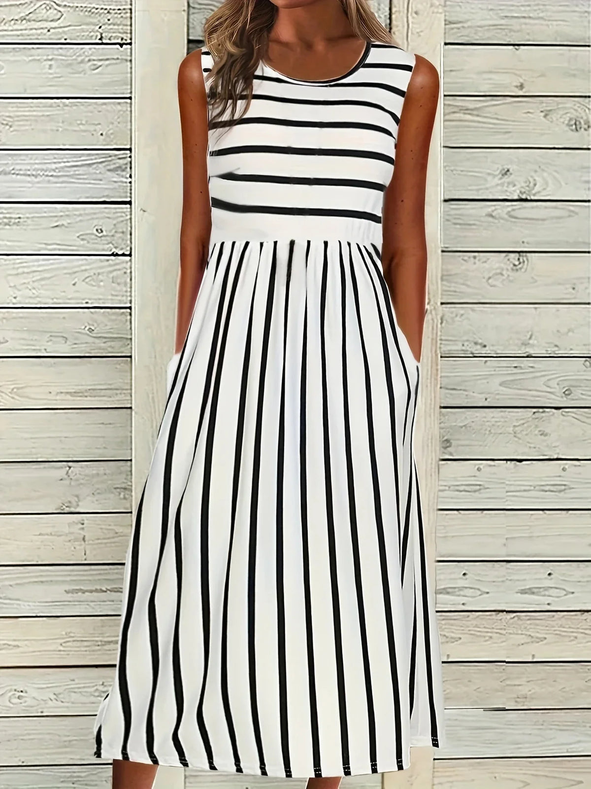 Gestreiftes ärmelloses Sommerkleid Lässiges Strickjackenkleid mit Taschen