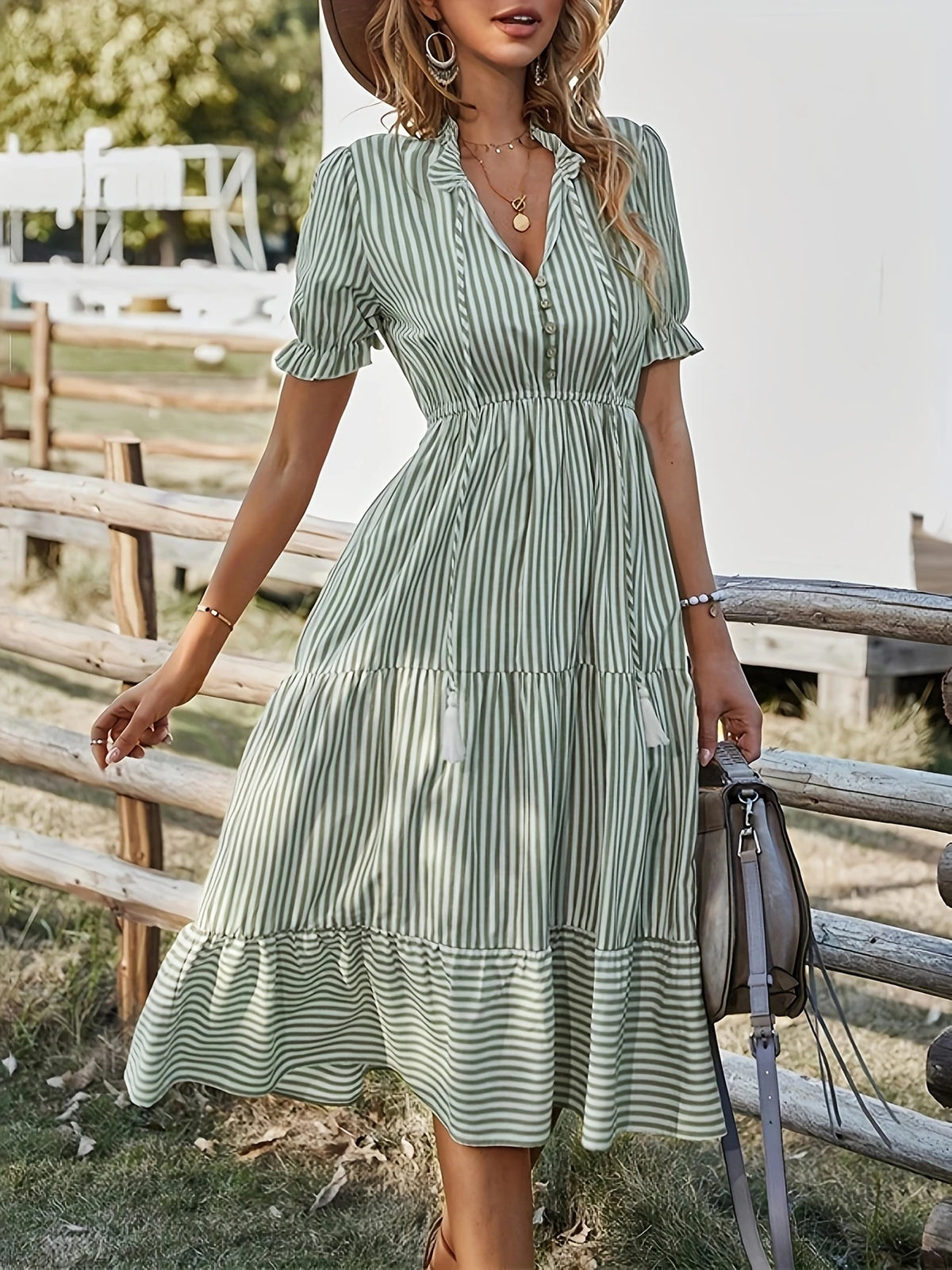 Damen Elegantes V-Ausschnitt Kleid Gestreift Leicht & Knopfdetail