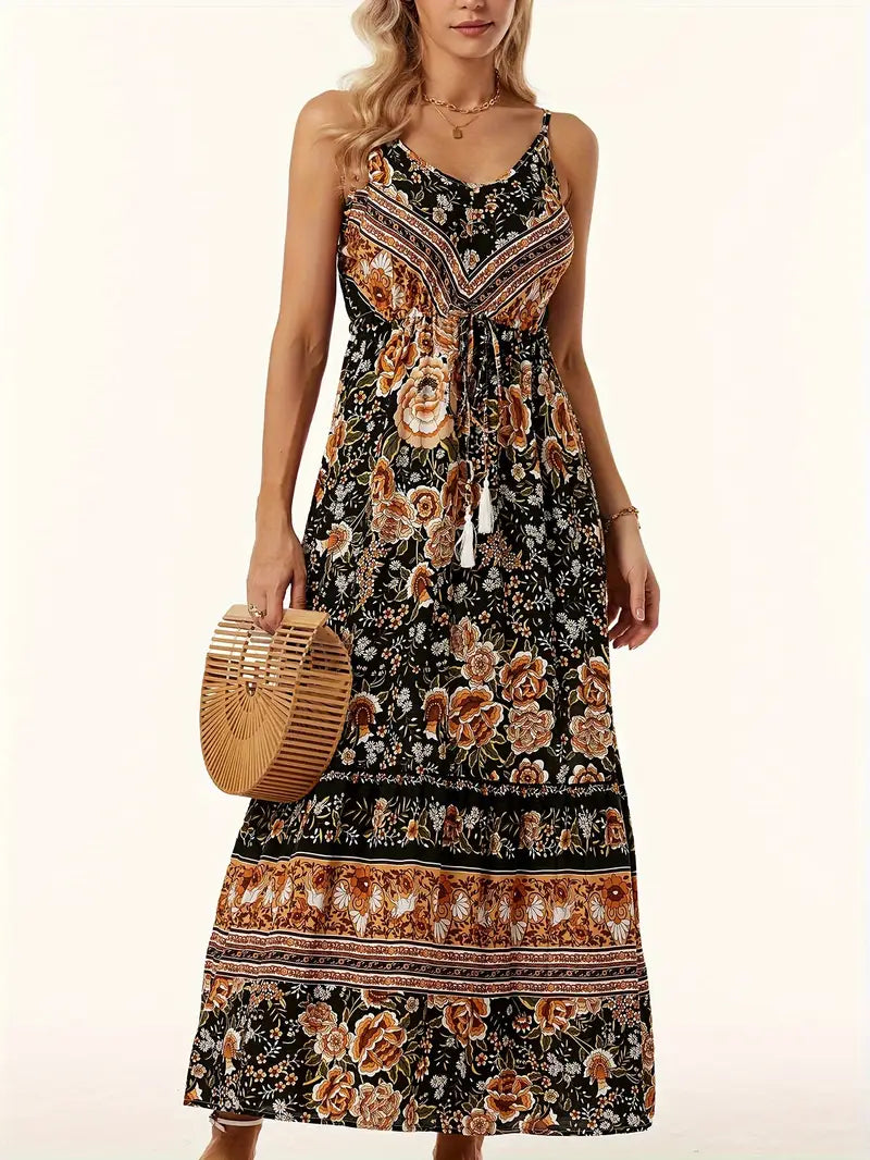 Boho Cami Maxikleid - Blumendruck, ärmellos, verstellbare Taille & schwingender Rock - Ideal für den Strand
