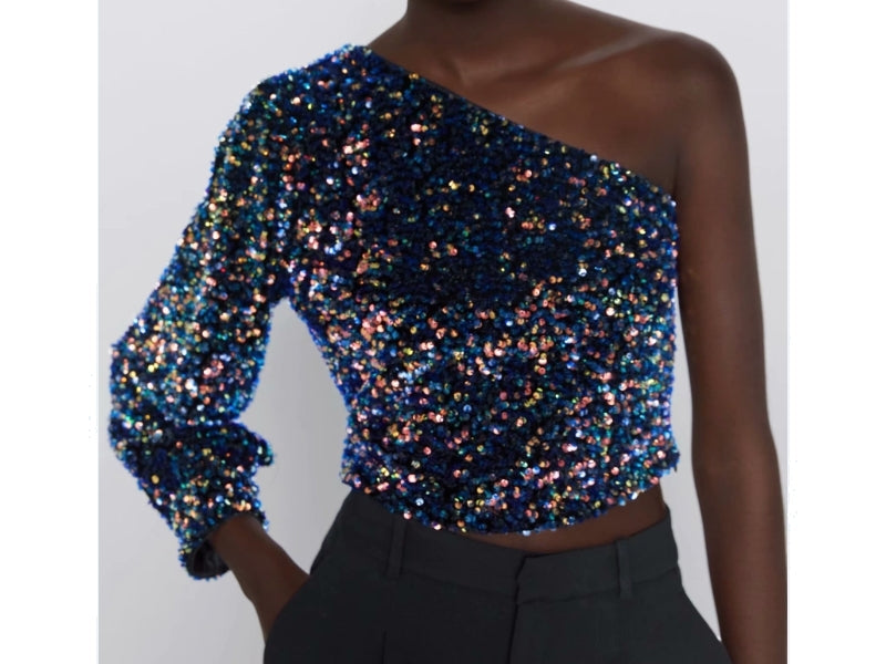 Fleur Glitter One Shoulder Top Farromode afbeelding 2