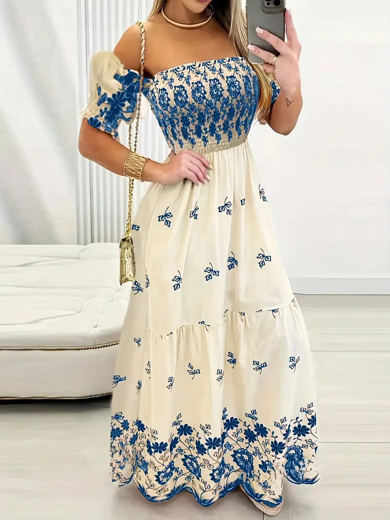 Schmeichelhaftes Maxikleid mit Blumenmuster - schulterfrei, lange Ärmel und bequeme Passform