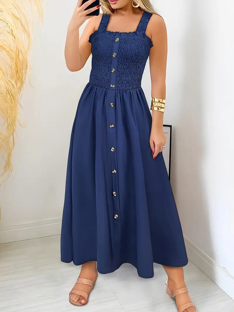 Elegantes Maxikleid - ärmellos, quadratischer Ausschnitt, Knopfverschluss, luftige A-Linien-Passform, perfekt für den Sommer