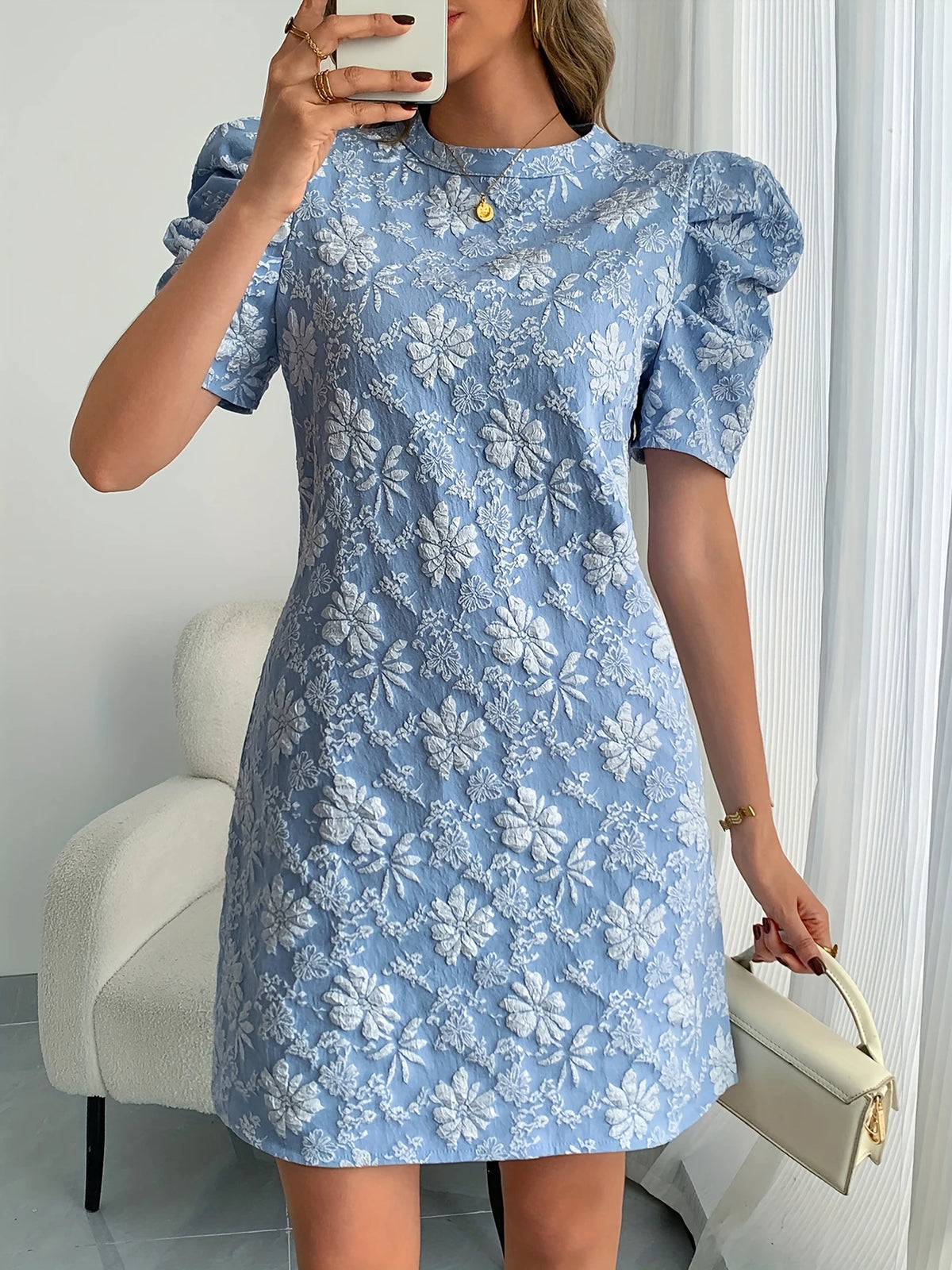 Elegantes Vintage-Kleid – Blumenmuster, Puffärmel, Rundhals, Ideal für Frühling & Sommer, Femininer Look