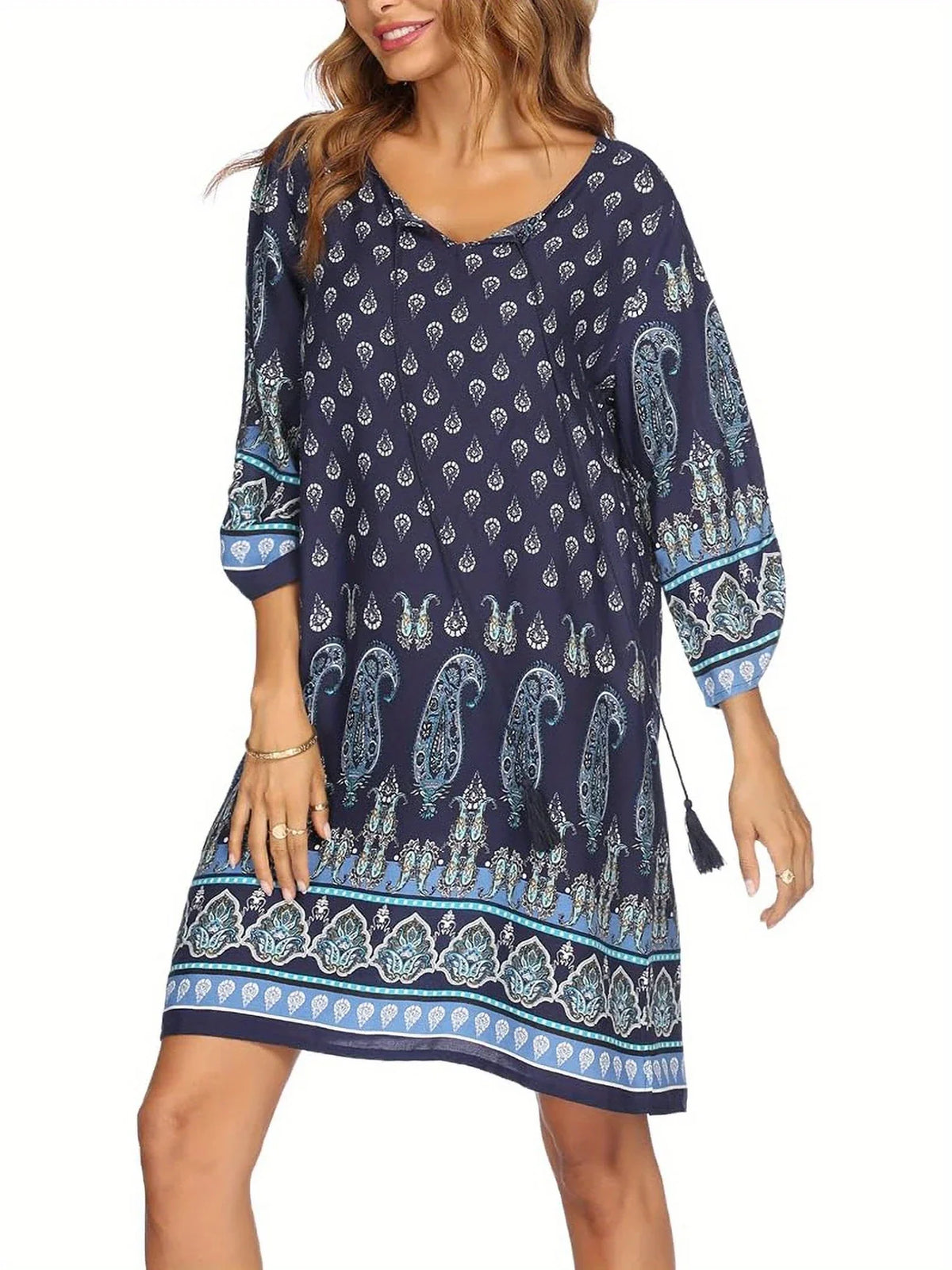 Boho Floral Kleid für Frauen - luftiges Sommerkleid mit 3/4 Ärmeln, Schleifenband in der Taille und lässiger Passform