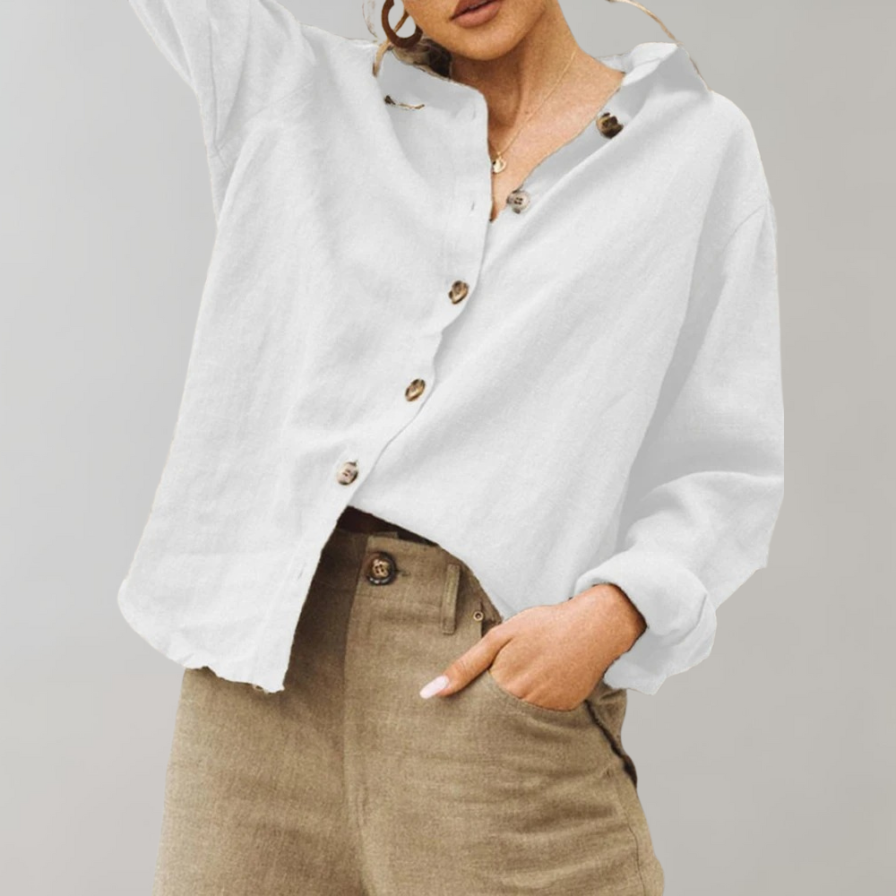 Vintage-Leinenbluse für Damen mit Oversize-Passform und klassischem Kragen