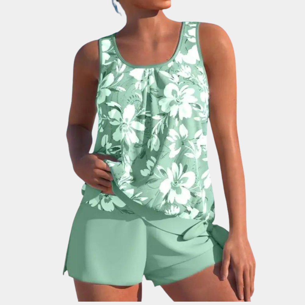 Eleganter Damen-Badeanzug mit verspieltem Print und inkludierter Shorts