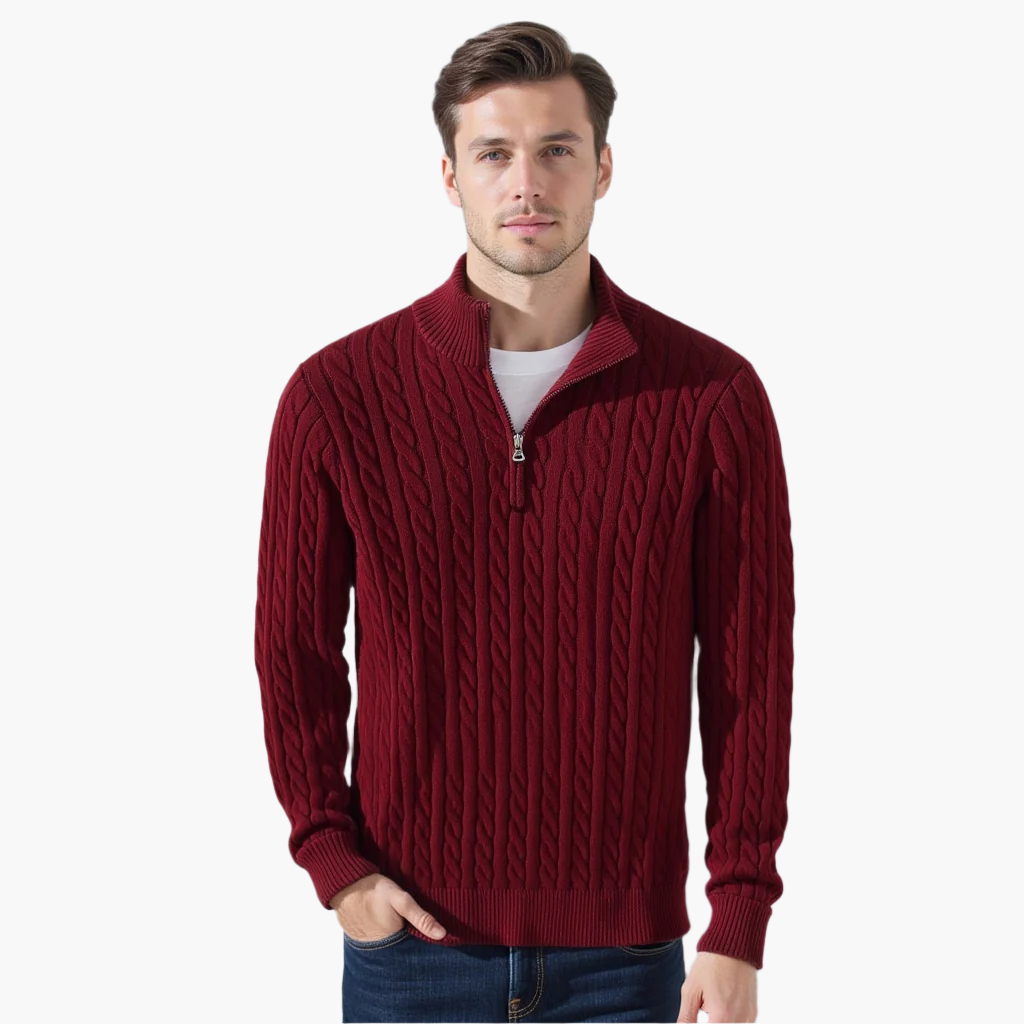 Herren Zip-Pullover Aus Baumwolle mit Zopfmuster