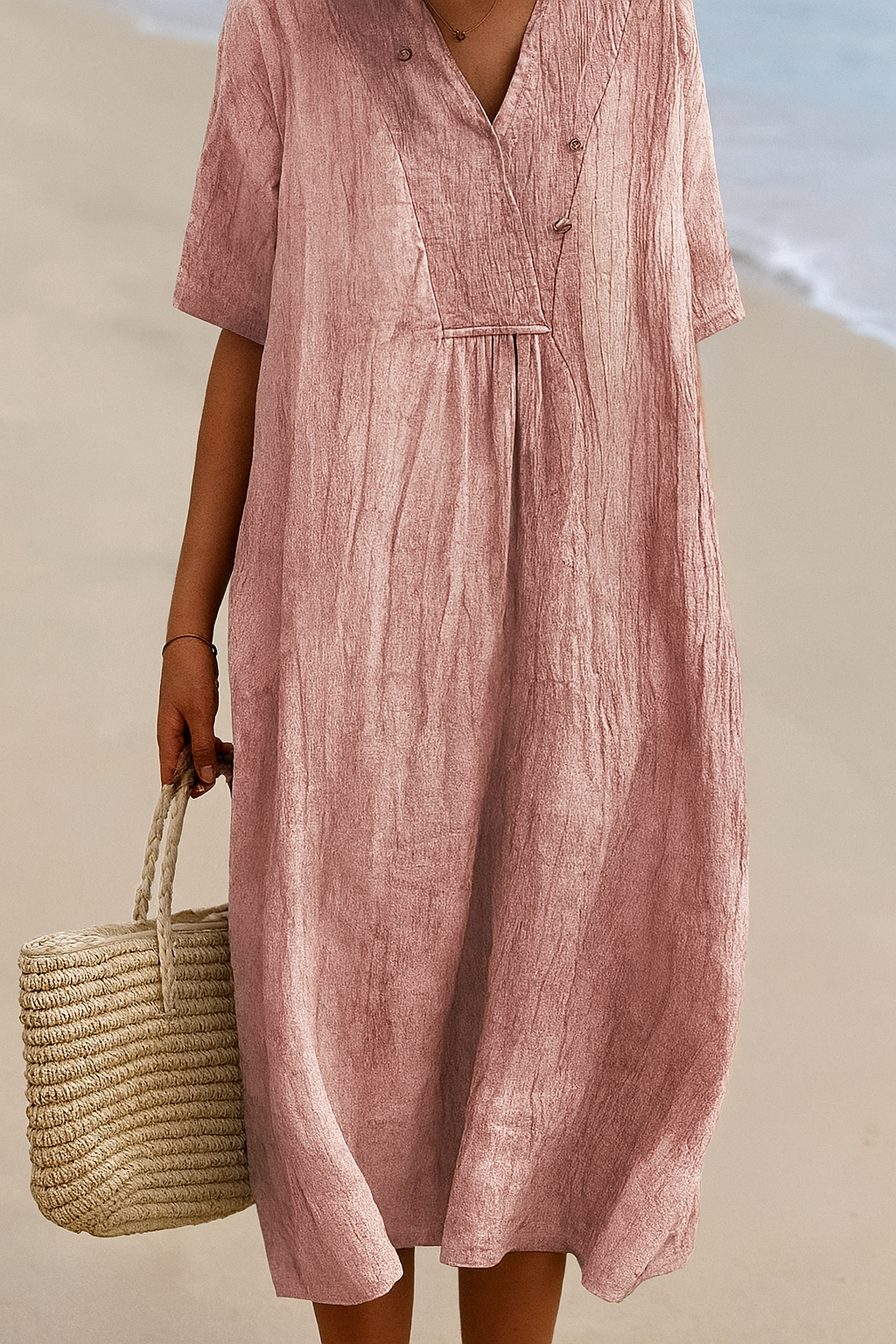 Entspanntes Strandkleid mit V-Ausschnitt und kurzen Ärmeln