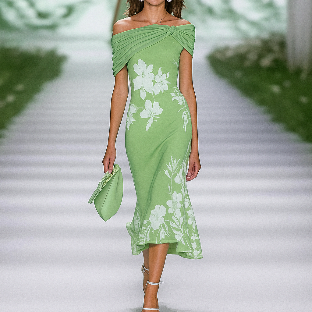 Schulterfreies, drapiertes Blumenkleid
