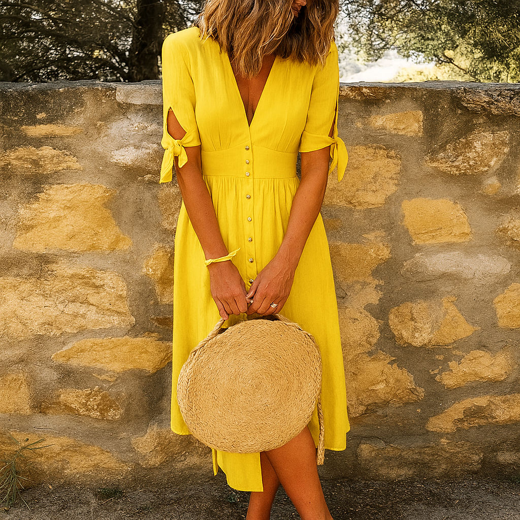 Atmungsaktives Midikleid mit Button-Down-Ausschnitt und V-Ausschnitt