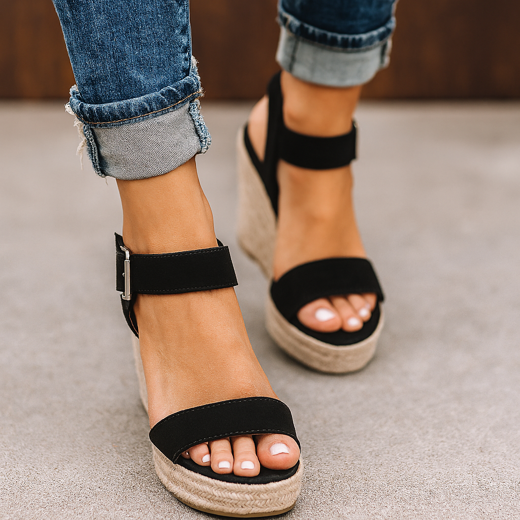 Offene Keilsandalen mit Espadrille-Absatz