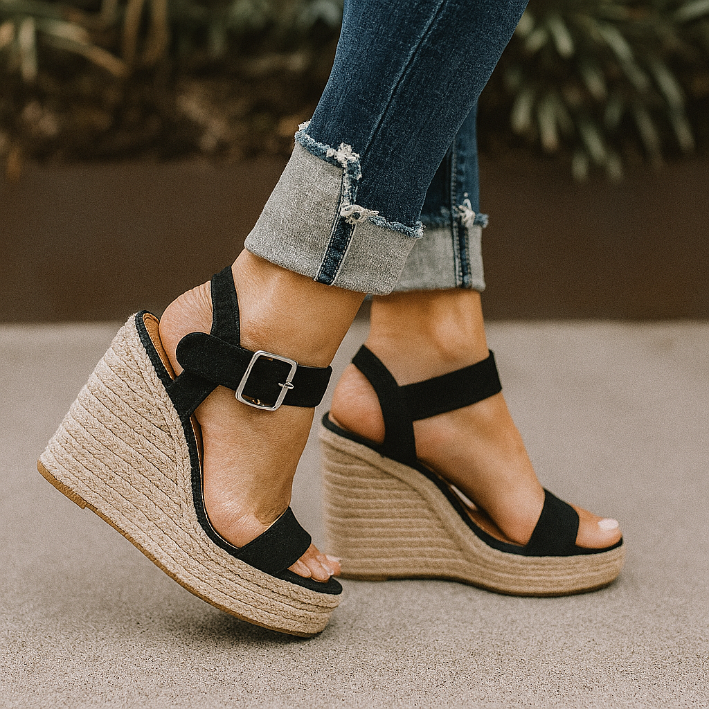 Offene Keilsandalen mit Espadrille-Absatz
