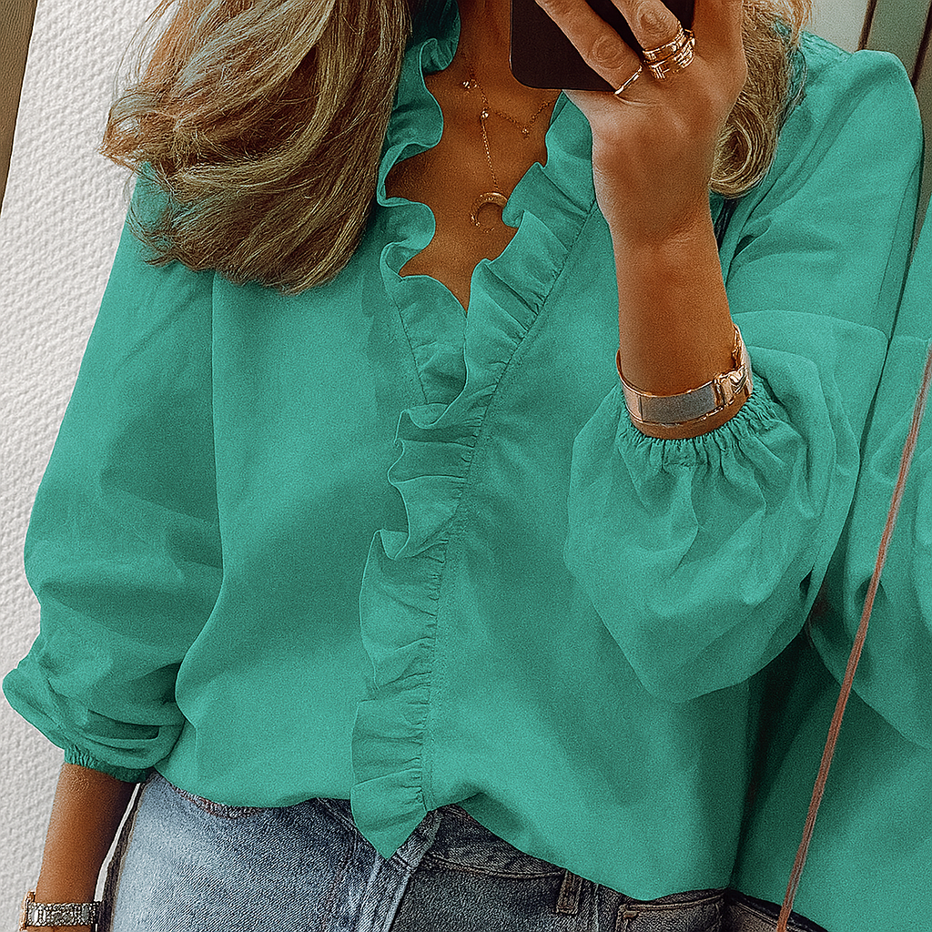 Blaugrüne Bluse mit Rüschenbesatz und Puffärmeln