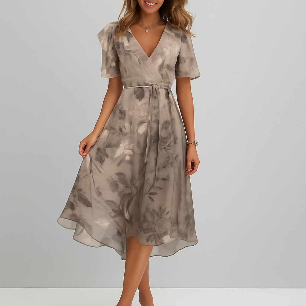 Elegantes bedrucktes Kleid mit tiefem V-Ausschnitt