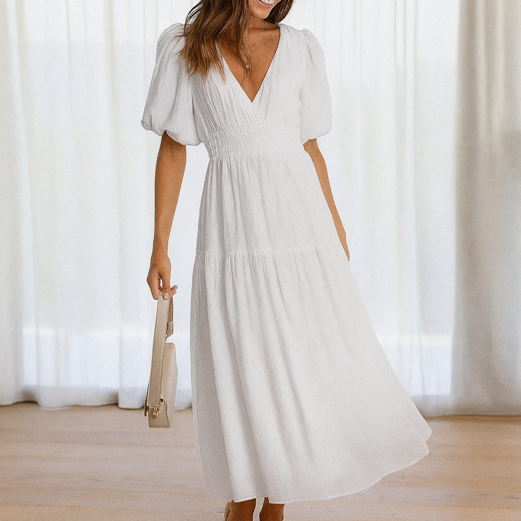 Damen-Midikleid mit V-Ausschnitt und elastischer Taille