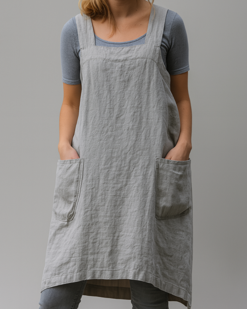 Damen-Kleid im Schürzenstil aus Baumwoll-Leinen mit Taschen