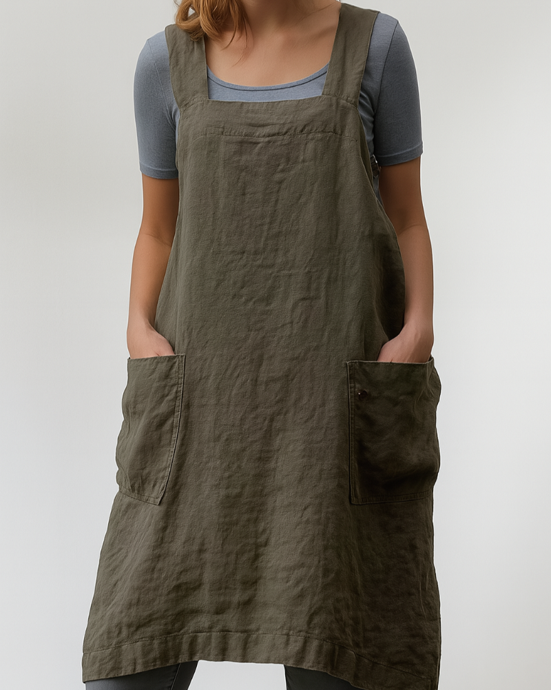 Damen-Kleid im Schürzenstil aus Baumwoll-Leinen mit Taschen