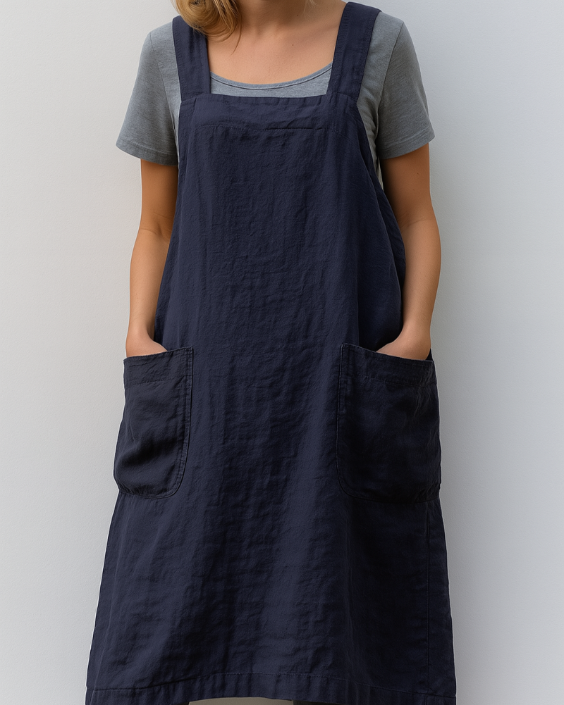 Damen-Kleid im Schürzenstil aus Baumwoll-Leinen mit Taschen