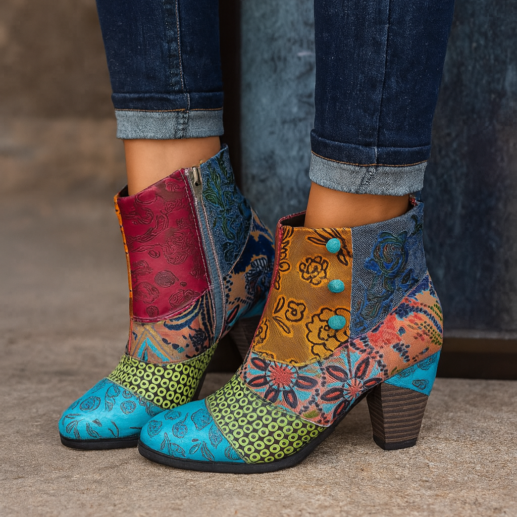 Embossed Floral Leather with Chunky Heel and Vintage Charm