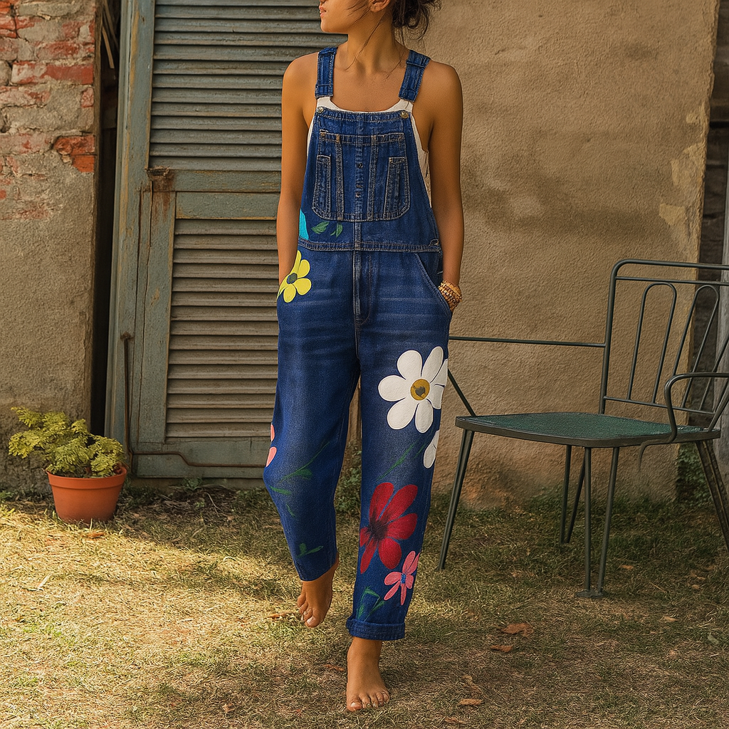 Stylischer Jeans-Jumpsuit mit Blumenmuster