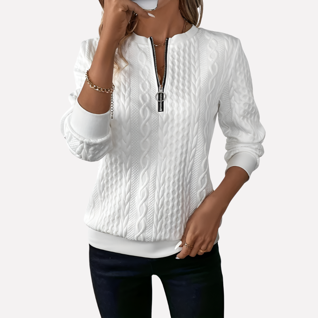 Damen Kabelstrick-Pullover mit Reißverschluss am Kragen