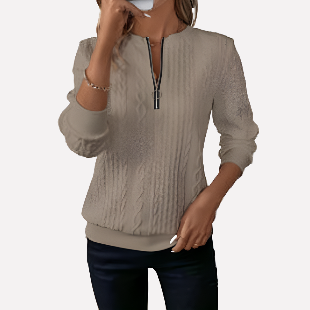 Damen Kabelstrick-Pullover mit Reißverschluss am Kragen