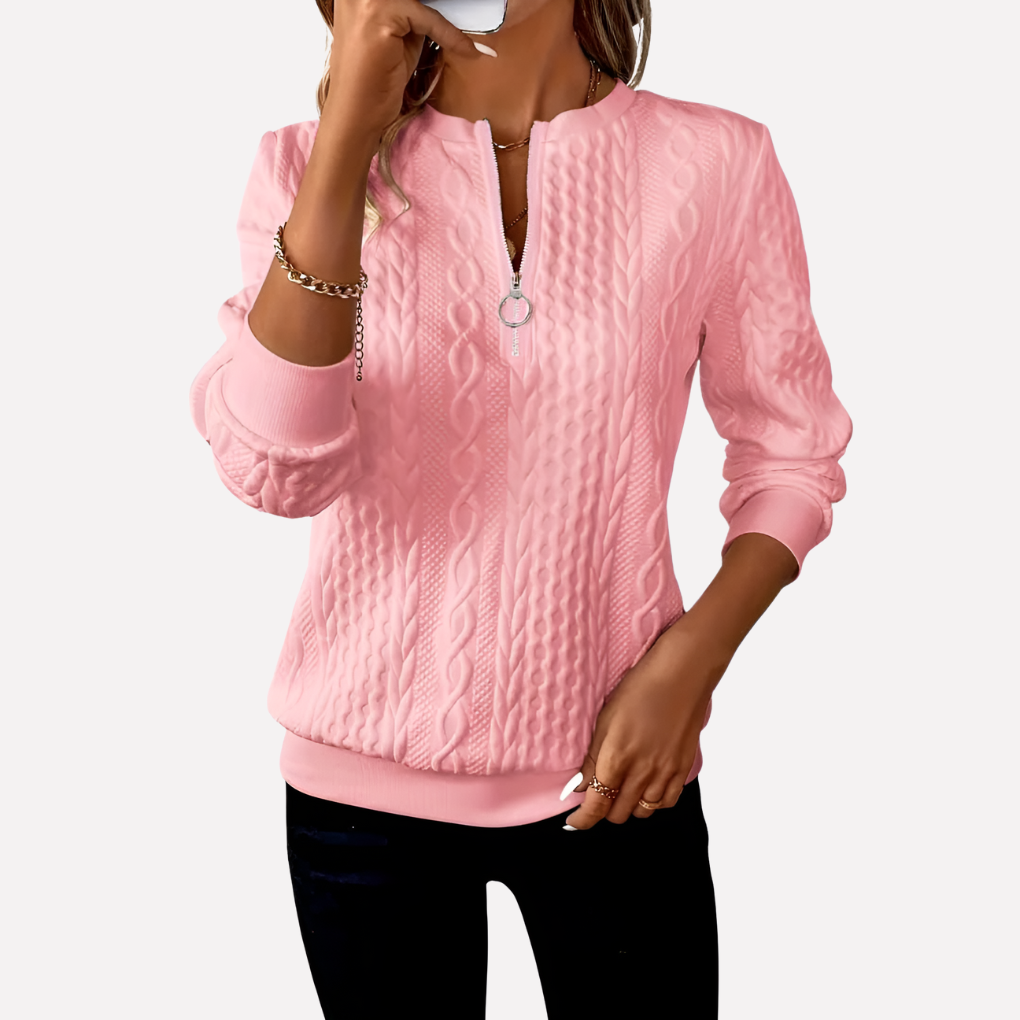 Damen Kabelstrick-Pullover mit Reißverschluss am Kragen