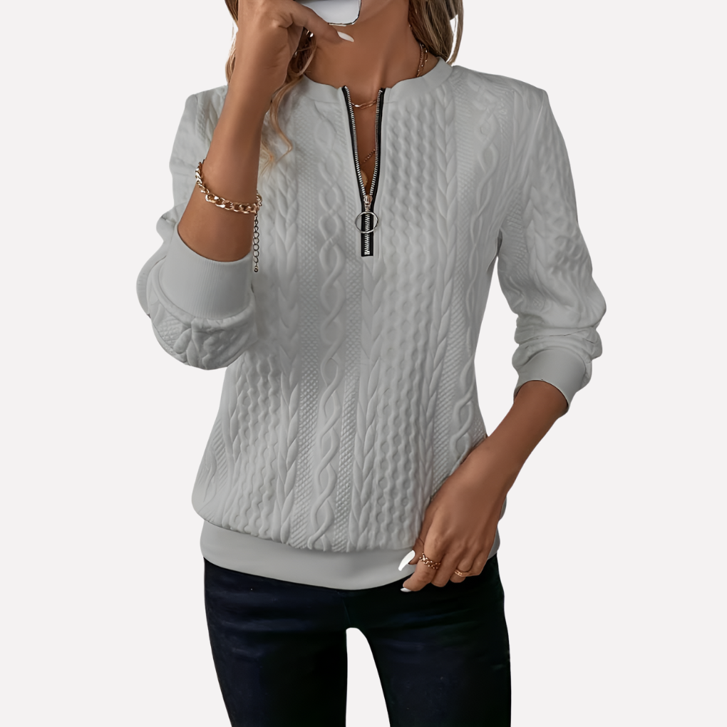 Damen Kabelstrick-Pullover mit Reißverschluss am Kragen