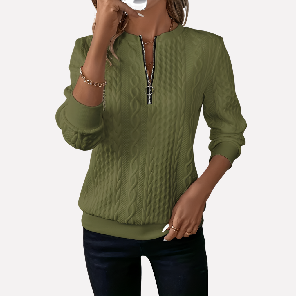 Damen Kabelstrick-Pullover mit Reißverschluss am Kragen