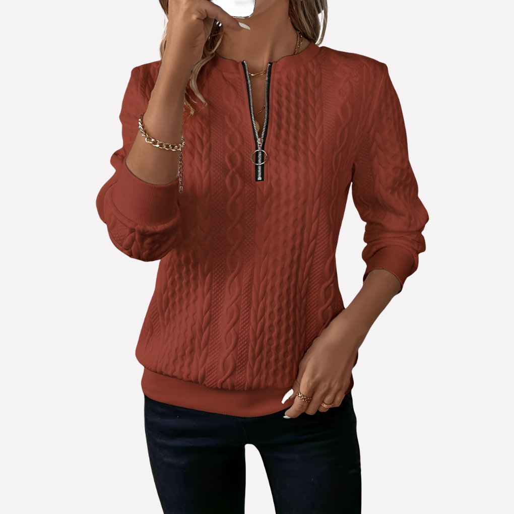 Damen Kabelstrick-Pullover mit Reißverschluss am Kragen