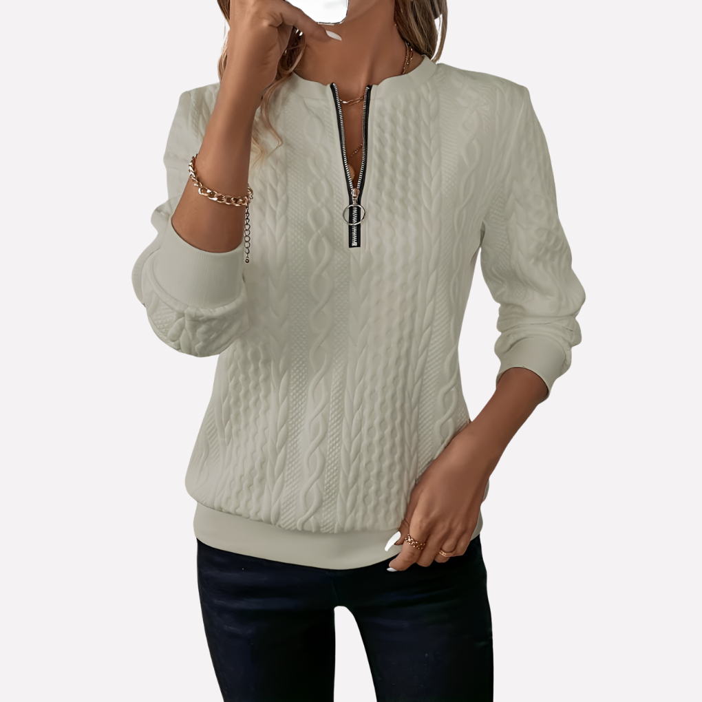 Damen Kabelstrick-Pullover mit Reißverschluss am Kragen